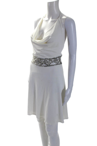 Daslu Couture Womens Draped Beaded Sleeveless Zip Up Halter Dress White Size 36