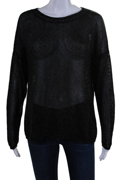 Vince Womens Mesh Round Neck Textured Long Sleeve Pullover Sweater Black Size M