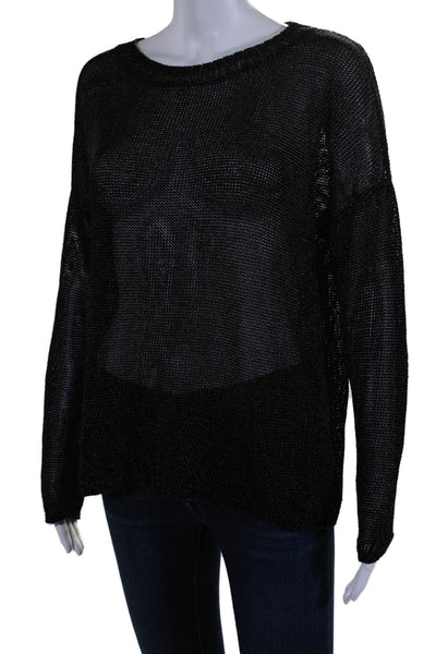 Vince Womens Mesh Round Neck Textured Long Sleeve Pullover Sweater Black Size M