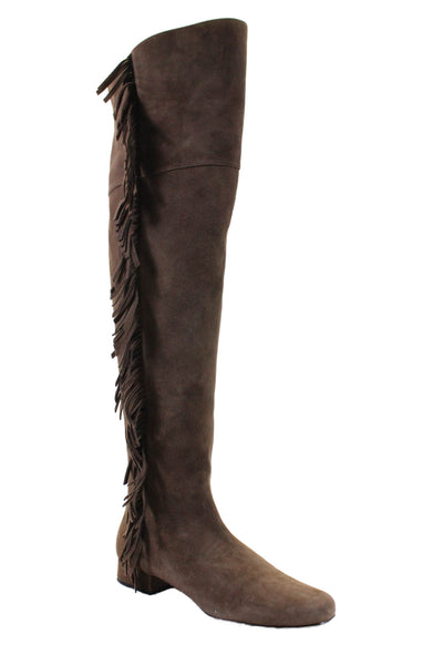 Saint Laurent Womens Suede Frayed Textured Knee-High Boots Brown Size EUR39