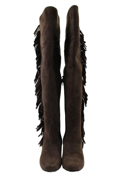 Saint Laurent Womens Suede Frayed Textured Knee-High Boots Brown Size EUR39