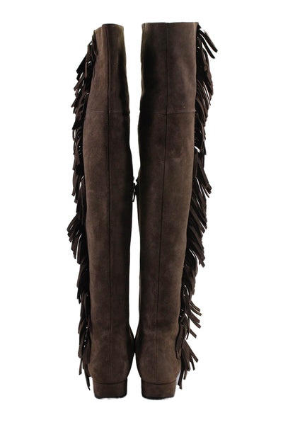 Saint Laurent Womens Suede Frayed Textured Knee-High Boots Brown Size EUR39