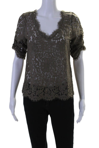 Joie Womens Sheer Lace V-Neck Short Sleeve Pullover Blouse Top Taupe Size S