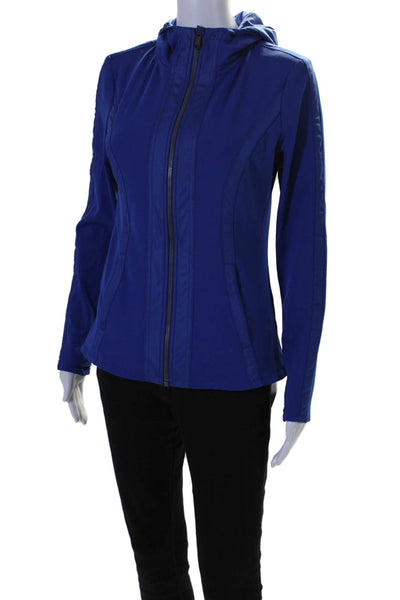 Athleta Womens Long Sleeves Mock Neck Full Zipper Hooded Blouse Blue Size Small