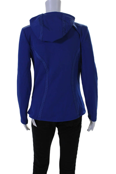 Athleta Womens Long Sleeves Mock Neck Full Zipper Hooded Blouse Blue Size Small