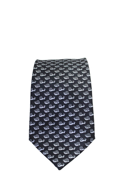 Hermes Mens Silk Snail Novelty Print Wide Classic Length Necktie Black Grey