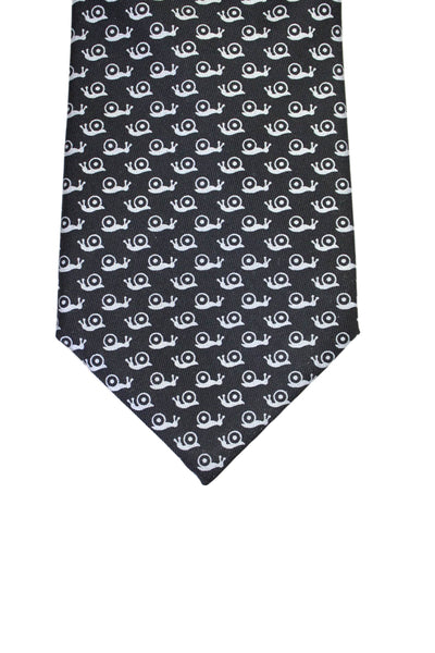 Hermes Mens Silk Snail Novelty Print Wide Classic Length Necktie Black Grey