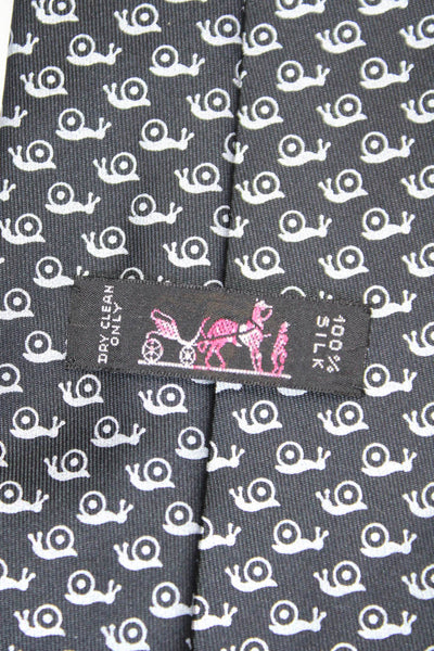 Hermes Mens Silk Snail Novelty Print Wide Classic Length Necktie Black Grey