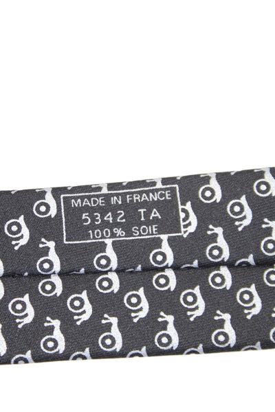 Hermes Mens Silk Snail Novelty Print Wide Classic Length Necktie Black Grey