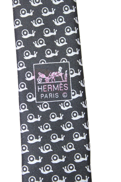 Hermes Mens Silk Snail Novelty Print Wide Classic Length Necktie Black Grey