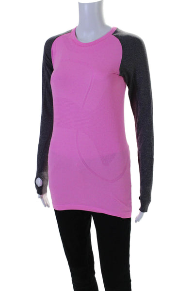 Lululemon Womens Long Sleeves Pullover Stretch Tee Shirt Pink Grey Size 6