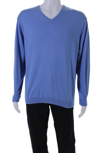 Raffi Mens Long Sleeves Pullover V Neck Sweater Blue Cotton Size Medium