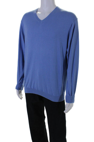 Raffi Mens Long Sleeves Pullover V Neck Sweater Blue Cotton Size Medium