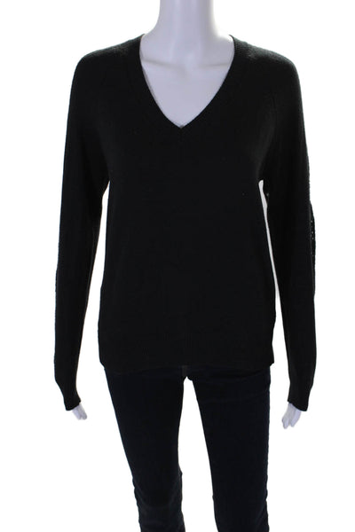 Minnie Rose Womens Cotton V-Neck Mesh Textured Long Sleeve Sweater Black Size M