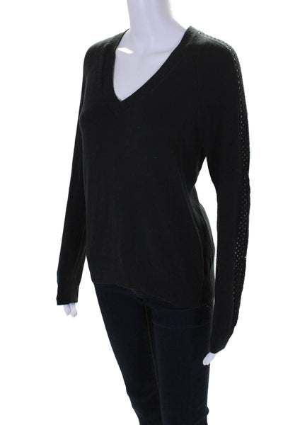 Minnie Rose Womens Cotton V-Neck Mesh Textured Long Sleeve Sweater Black Size M