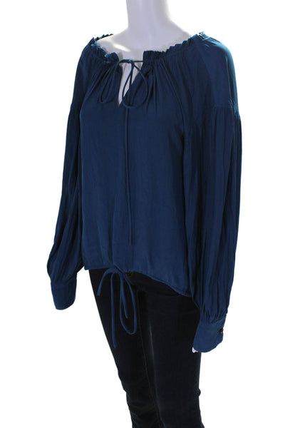 Calvin Rucker Womens Long Sleeve V Neck Drawstring Blouse Blue Size M