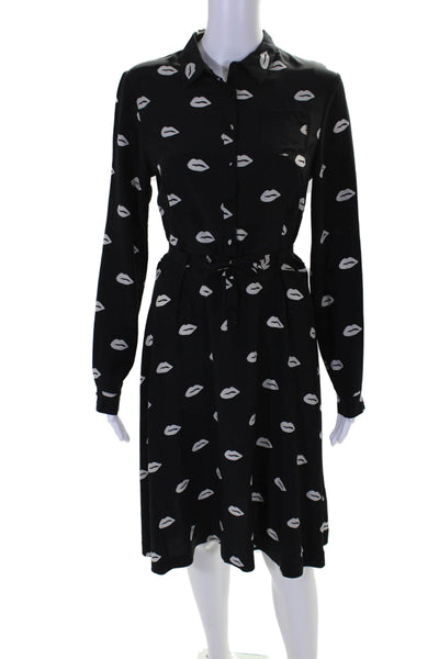 American Retro Womens Lip Print Long Sleeves A Line Dress Black Size EUR 36