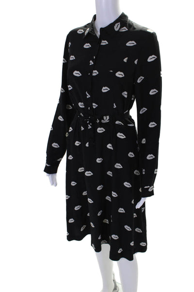 American Retro Womens Lip Print Long Sleeves A Line Dress Black Size EUR 36