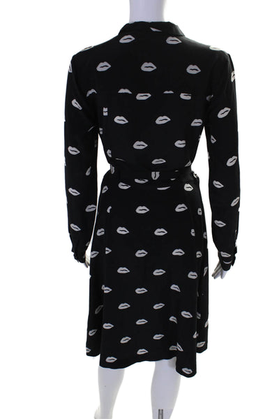 American Retro Womens Lip Print Long Sleeves A Line Dress Black Size EUR 36