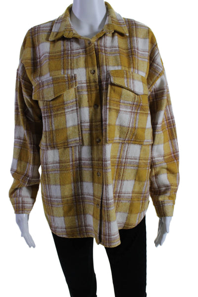 Acoa Womens Plaid Print Long Sleeve Button Down Flannel Shirt Top Yellow Size S