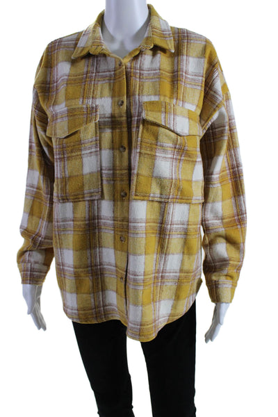 Acoa Womens Plaid Print Long Sleeve Button Down Flannel Shirt Top Yellow Size S