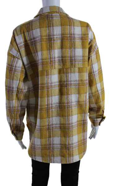 Acoa Womens Plaid Print Long Sleeve Button Down Flannel Shirt Top Yellow Size S