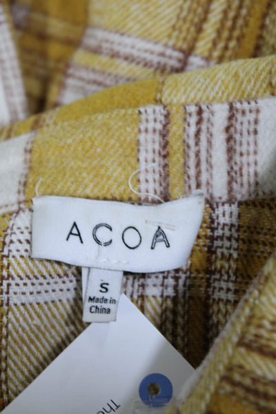 Acoa Womens Plaid Print Long Sleeve Button Down Flannel Shirt Top Yellow Size S