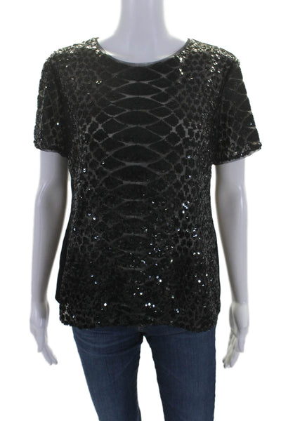 BCBGMAXAZRIA Women's Round Neck Short Sleeves Sequin Blouse Black Size L