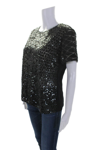 BCBGMAXAZRIA Women's Round Neck Short Sleeves Sequin Blouse Black Size L