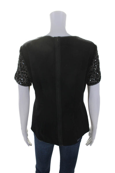 BCBGMAXAZRIA Women's Round Neck Short Sleeves Sequin Blouse Black Size L