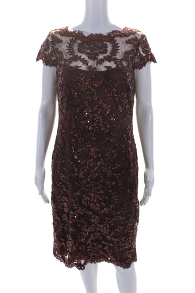 Tadashi Shoji Women's Cap Sleeves Lace Sequin Fitted Mini Dress Burgundy Size 10