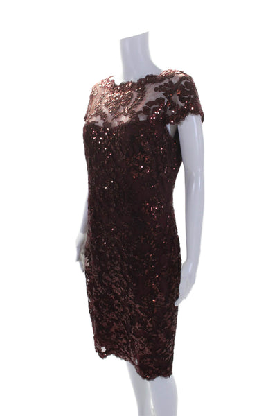 Tadashi Shoji Women's Cap Sleeves Lace Sequin Fitted Mini Dress Burgundy Size 10