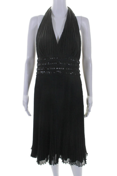 Carmen Marc Valvo Women's Halter Bead Pleated Flare Midi Dress Black Size 12