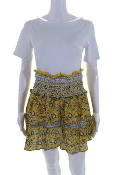 Jennifer & Grace Womens Smocked Floral A Line Skirt Yellow Blue Size Medium