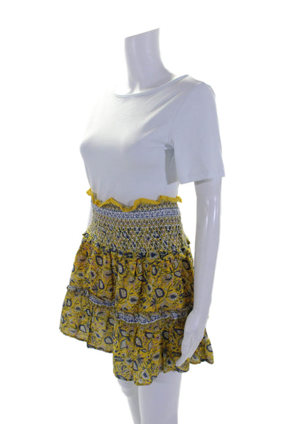 Jennifer & Grace Womens Smocked Floral A Line Skirt Yellow Blue Size Medium