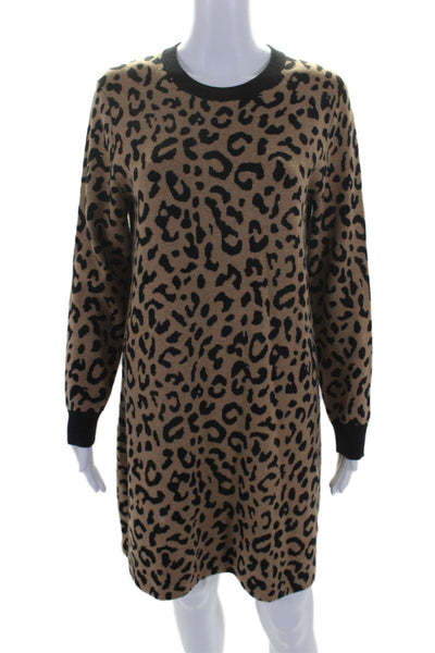 J Crew Womens Long Sleeve Scoop Neck Leopard Print Sweater Dress Brown Medium