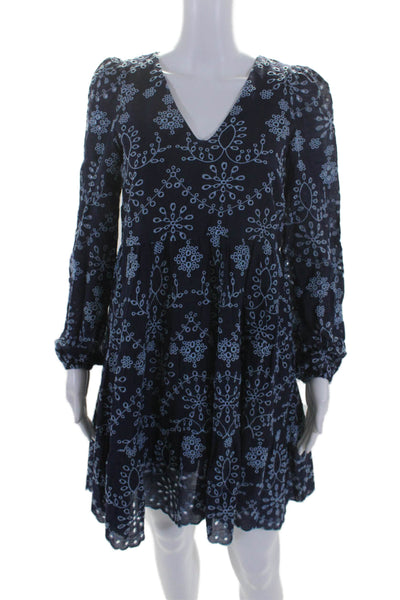 STS Sail To Sable Womens Long Sleeve V Neck Eyelet Scalloped Dress Navy Size XS