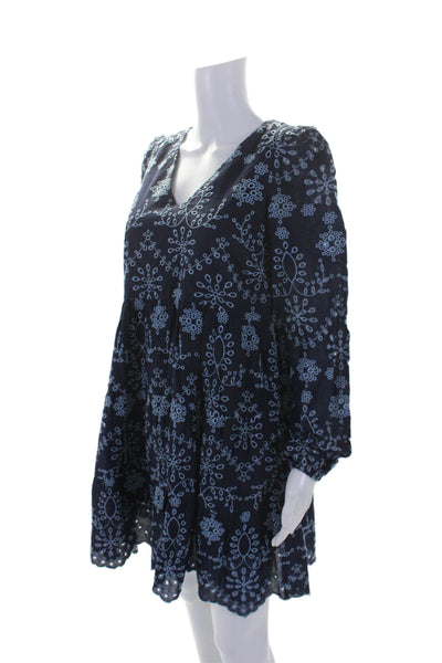 STS Sail To Sable Womens Long Sleeve V Neck Eyelet Scalloped Dress Navy Size XS