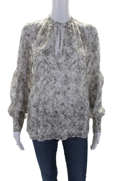 Intermix Womens Long Sleeve Keyhole Snakeskin Print Silk Top White Gray Small