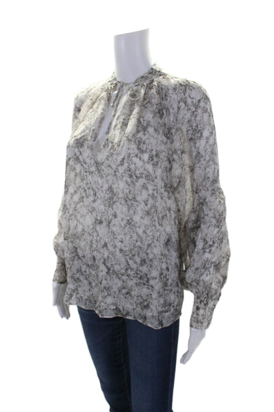 Intermix Womens Long Sleeve Keyhole Snakeskin Print Silk Top White Gray Small