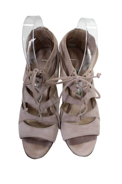 Manolo Blahnik Womens Open Toe Lace Up High Heels Beige Size 6.5 US