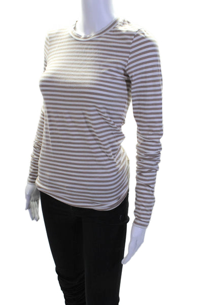 Theory Womens Long Sleeve Crew Neck Striped Top Beige White Size Small