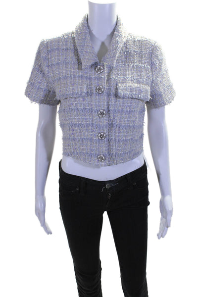 ASTR Womens Button Front Short Sleeve Collared Tweed Top Purple Size Medium