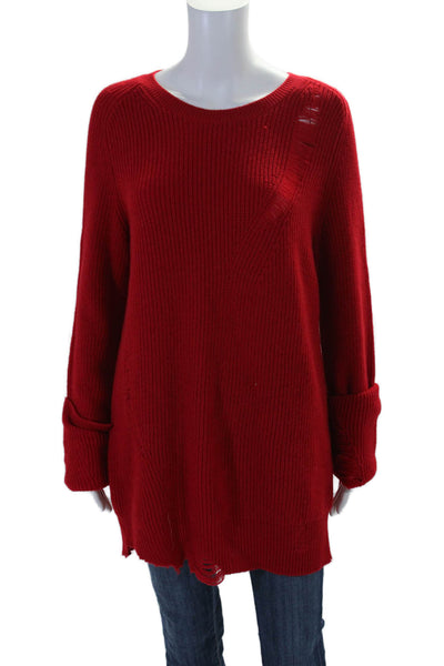 Helmut Lang Womens Long Sleeve Round Neck Distressed Trim Sweater Red Medium