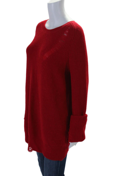 Helmut Lang Womens Long Sleeve Round Neck Distressed Trim Sweater Red Medium