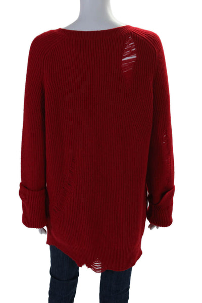 Helmut Lang Womens Long Sleeve Round Neck Distressed Trim Sweater Red Medium