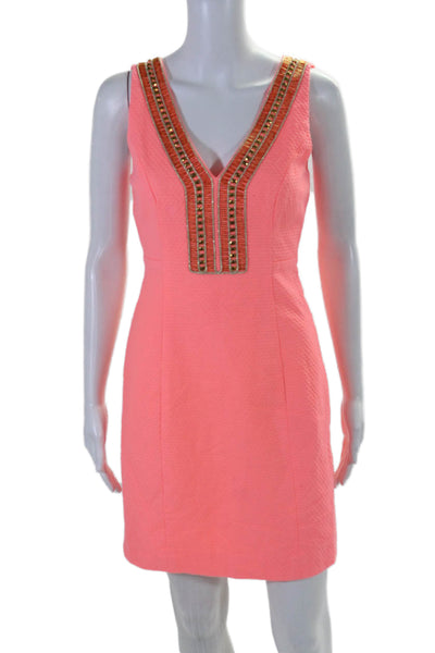 Lily Pulitzer Womens Cotton Beaded V-Neck Sleeveless Zip Up Dress Pink Size 0