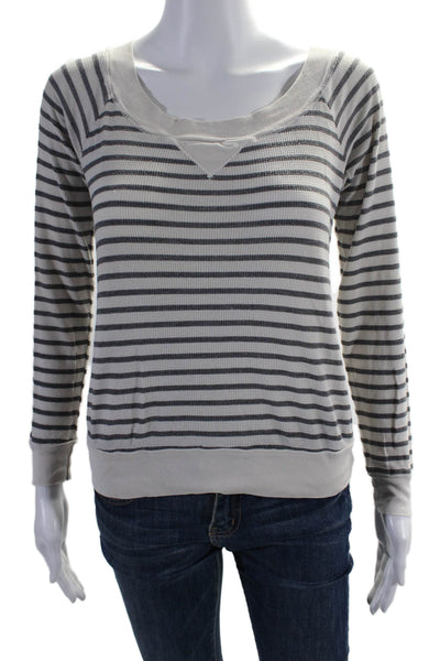 Splendid Womens Striped Print Long Sleeve Thermal Knit Shirt White Gray Size S