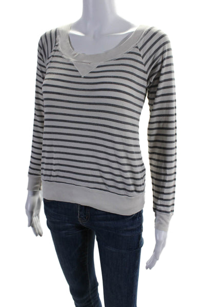 Splendid Womens Striped Print Long Sleeve Thermal Knit Shirt White Gray Size S