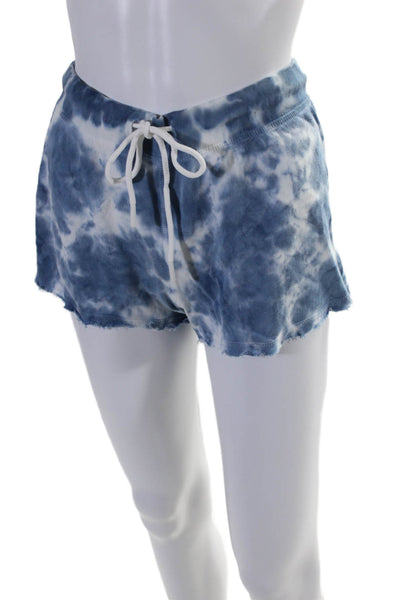 Leallo Womens Cotton Terry Tie Dye Frayed Hem Drawstring Shorts Blue Size XS